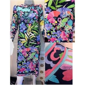 LEONARD Vintage 70's Nylon/Silk Dress Womens Long Sleeve Designer Puff Shoulders